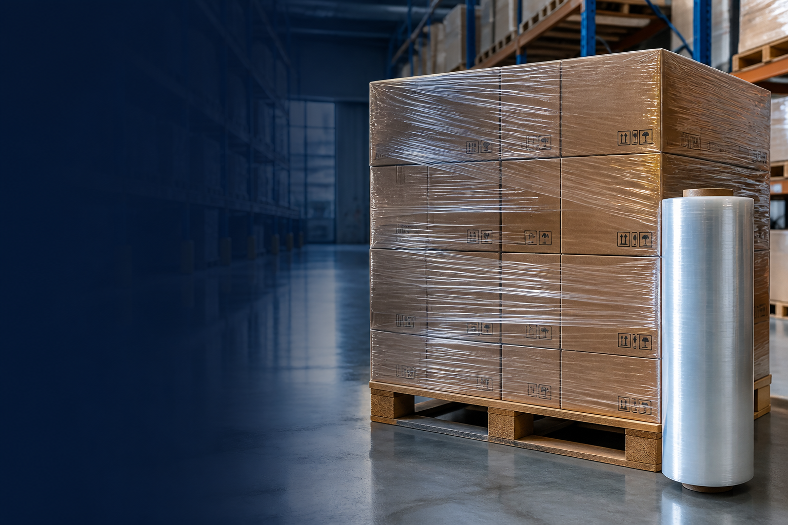Pallet de caixas protegido com filme stretch em um centro de distribuição